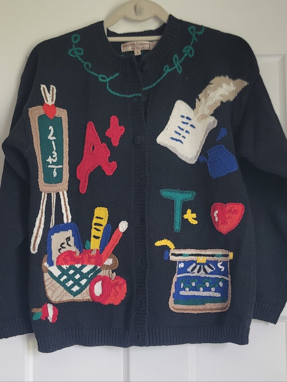 Rare Vintage Lauren Hansen Black Embroidered School-Themed Cardigan Sweater